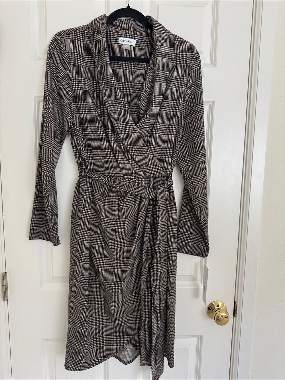 Calvin Klein Black and Gray Plaid Wrap Dress